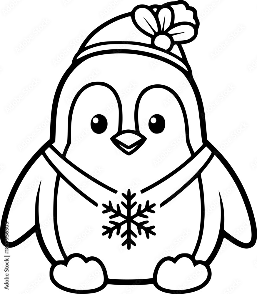Fototapeta premium Cute penguin outline with snowflake for coloring and crafts