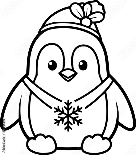 Cute penguin outline with snowflake for coloring and crafts