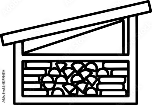 Black and white linear firewood storage illustration with shelter