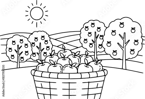 Fruit orchard scene with basket of apples in outline style