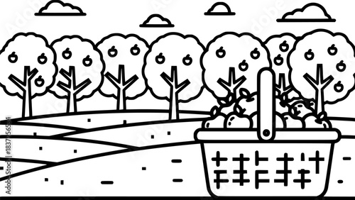Fruit orchard scene with basket of apples in outline style