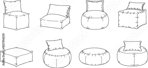Collection of eight black and white line drawings of floor cushions and poufs bean bag ottoman