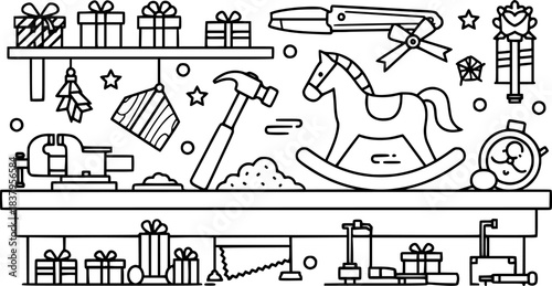 Festive toy workshop table with hammer and rocking horse outline art