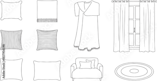 Collection of hand drawn home textile objects and furniture line art pillow cushion