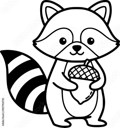 Cute raccoon with acorn in simple black and white outline drawing