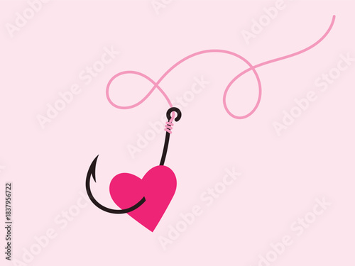 sharpened fish hook with heart and pink fishing line