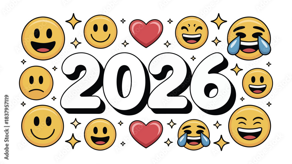 Obraz premium Emoji filled 2026: A cheerful design for the year 2026, filled with smiling faces, hearts, and celebratory emojis. It's a fun and optimistic visual for social media or festive occasions.