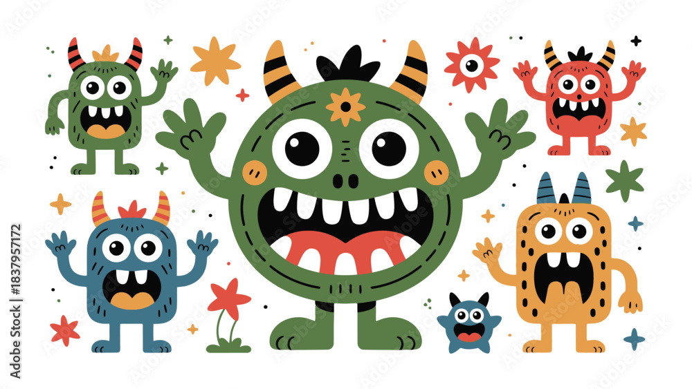 Fototapeta premium Whimsical Monster Collection: A playful group of cheerful cartoon monsters. Each monster boasts unique colors, shapes, and features, evoking joy and imaginative play. 