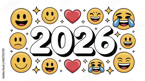 Emoji filled 2026: A cheerful design for the year 2026, filled with smiling faces, hearts, and celebratory emojis. It's a fun and optimistic visual for social media or festive occasions.