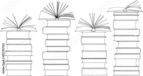 Four stacks of open and closed books in black and white line art open book library