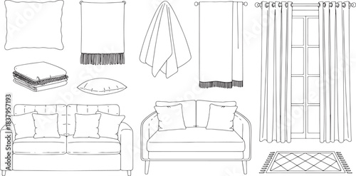 Line art collection of home textiles and furniture including sofas pillows and curtains cushion couch