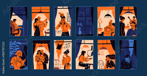 Windows with people at night set. Apartments with families, couples and kids inside. Lineart facade of condo house with different neighbors indoors. Flat hand drawn isolated vector illustrations