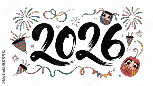 New Year 2026 Celebration: A vibrant artistic illustration heralds the arrival of the year 2026, combining festive elements. Fireworks and playful embellishments.