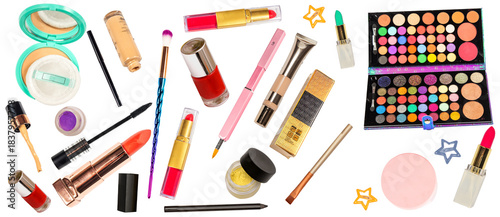 Set of Makeup Items falling on transparent png with no background