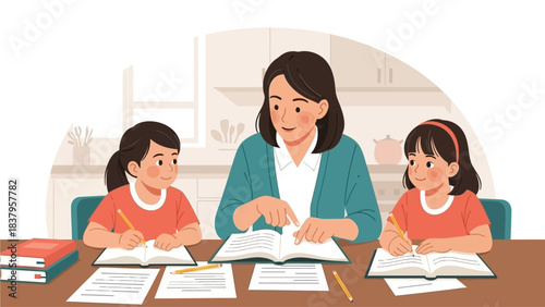 A heartwarming flat design illustration showing a parent patiently assisting their child with homework at a kitchen table, fostering a supportive learning environment. 