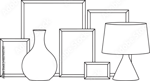 Minimalist line drawing of picture frames vase and table lamp illustration black and white
