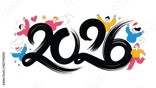Embracing the New Year 2026: A vibrant and modern design illustration which featuring a stylish '2026' with playful elements and people celebrating the upcoming year.