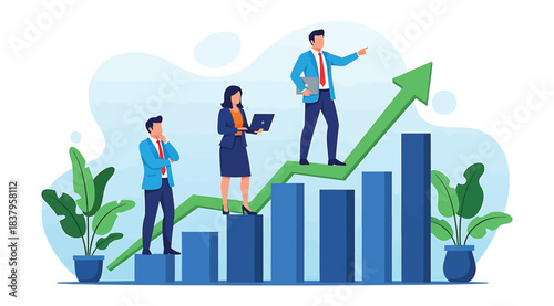 Illustration of three professionals standing on ascending bar graph columns with upward arrow, symbolizing business growth, leadership, teamwork, and strategic progress in a modern setting