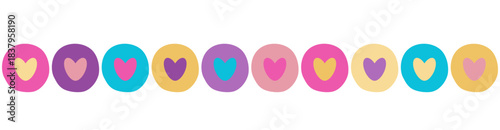Seamless border with colorful round elements with small hearts inside. For newsletters, email, headers, childrens projects, and holiday designs. A playful repeating divider for bright layouts