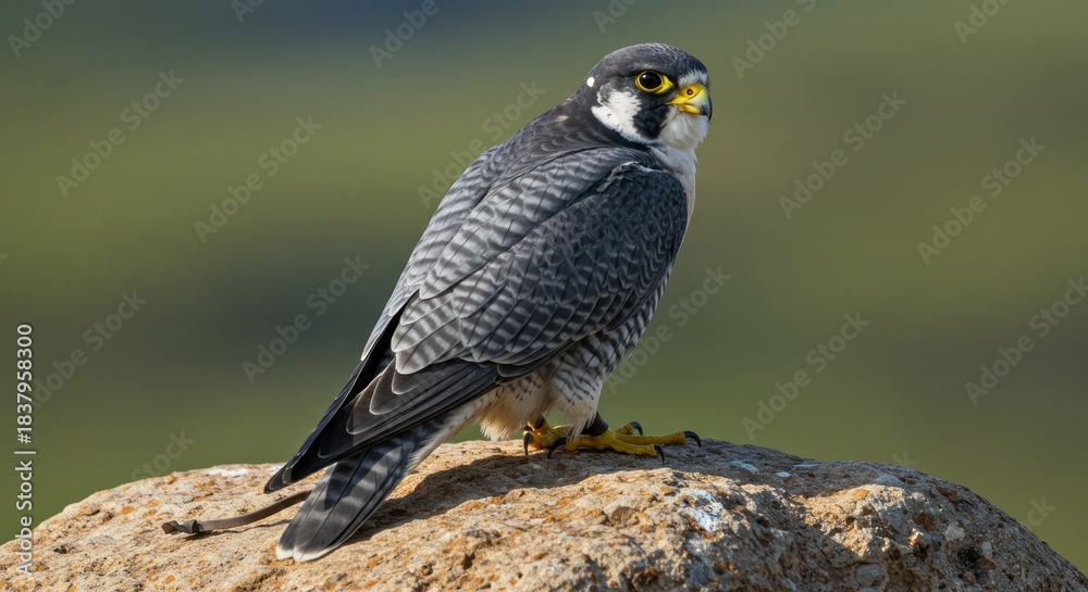 Fototapeta premium Peregrine falcon perched on rock side view with natural background wildlife concept