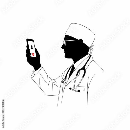 Vector silhouette of a doctor conducting a consultation via video call on a smartphone with a patient on a white background
