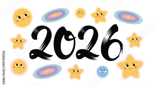 Cosmic Countdown to 2026: An inviting illustration that transforms the upcoming year into a celestial spectacle, featuring a friendly galaxy, stars, and celestial bodies that embody the charm of time.