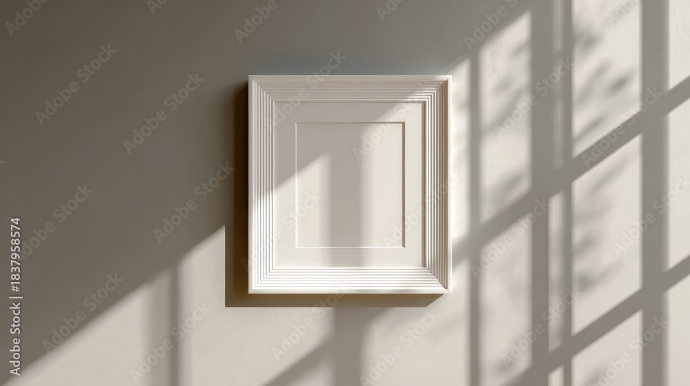 Fototapeta premium Minimalist white frame on a wall casting soft shadows, creating an elegant and serene ambiance perfect for interior design decor and art display in contemporary settings
