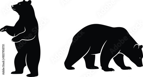 Bear silhouette duo, wildlife posture illustration, black animal icon, standing and sniffing pose, nature behavior concept, forest species profile