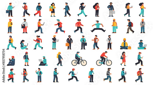 Grid of illustrated figures showing diverse people walking, running, biking, and interacting with devices and others, representing everyday urban life and human behavior in colorful stylized scenes