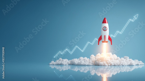 Red rocket taking off with smoke and energy