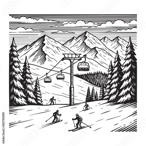 Winter Mountain Ski Resort and Chairlift Landscape