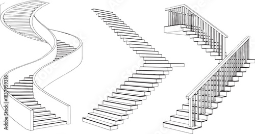 Three black line drawing styles of stairs on white background staircase spiral staircase