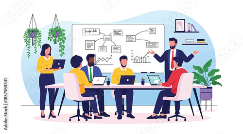 Illustration of six professionals in modern office setting with presenter at whiteboard and team seated at table with laptops, symbolizing teamwork, planning, and communication in a collaborative work