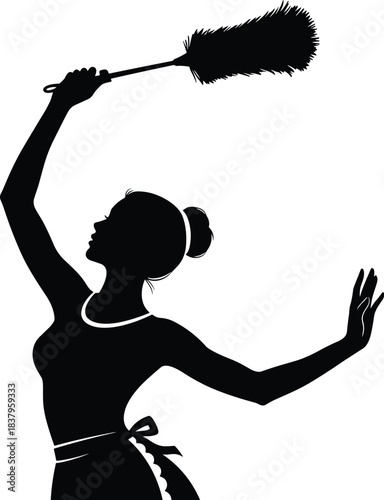 Feather duster silhouette, maid cleaning pose, black illustration, domestic work icon, housekeeping gesture, service role concept, traditional attire profile