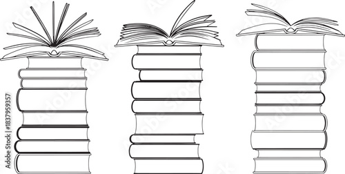 Three stacks of open and closed books in black and white line art open book
