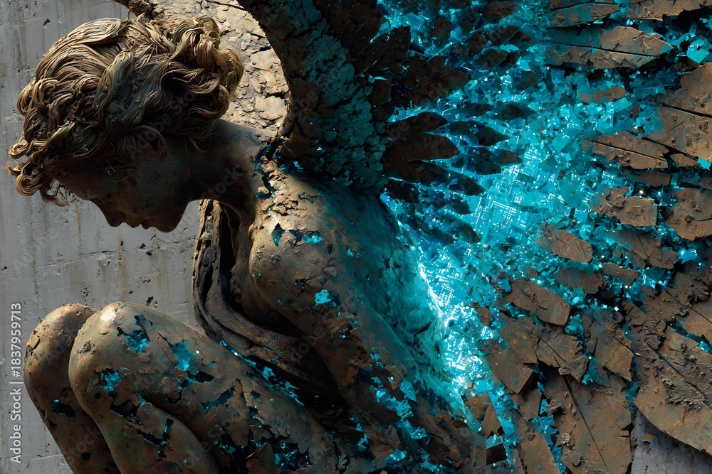 Fototapeta premium Blue Glowing Cracks Angel Statue Wing Broken Sculpture Magic Fantasy Stone Marble Ruin Corruption Energy Soul Spirit Ancient History Mythology Art Aesthetic Wallpaper Concept