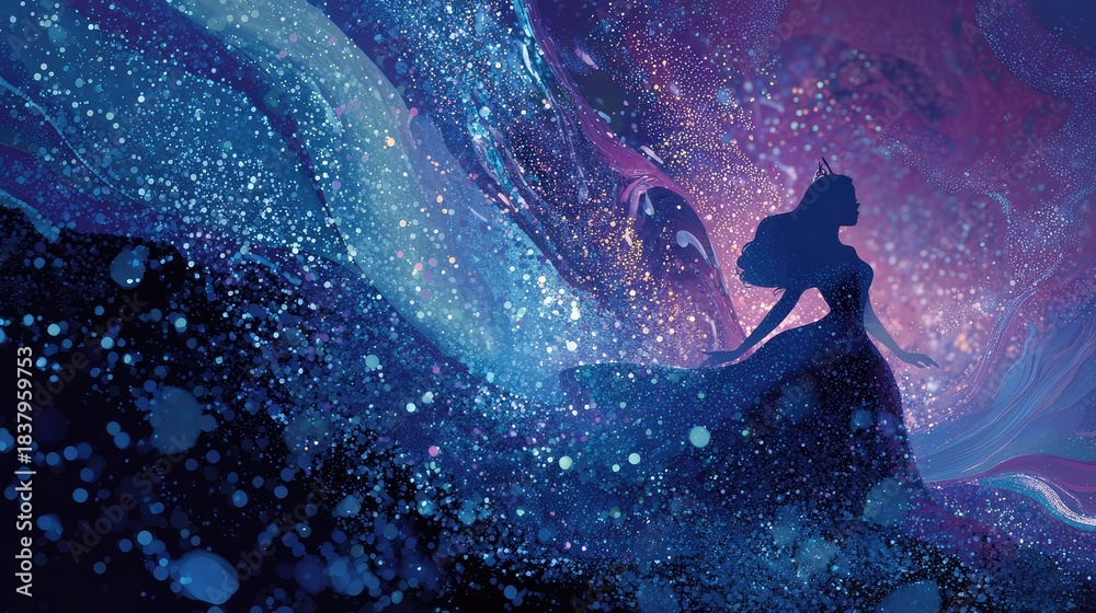 Fototapeta premium Enigmatic Silhouette of a Woman in a Dreamlike Universe with Vibrant Colors and Effervescent Bubbles Creating a Surreal and Enchanting Atmosphere for Fantasy Artwork