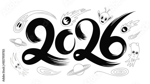 2026 Space Design: Whimsical and artistic space-themed illustration featuring the year 2026 amidst planets, celestial bodies and charming alien characters.