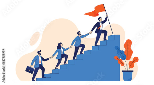 Illustration of four professionals ascending staircase together with leader holding red flag, symbolizing teamwork, leadership, and mutual support in a collaborative business environment