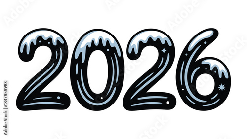 New Year Countdown 2026: The image is a festive illustration, a numerical representation of the year 2026 with a charming wintery aesthetic. The numbers are outlined in black.