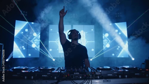 DJ mixing music at festival - Show, concert, party and disco night concept - Model by AI generative