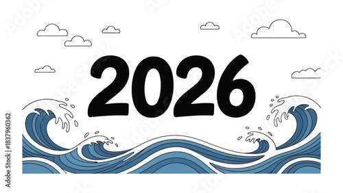 Symbol of the Future: The year 2026 emblazoned above a graphical waves symbolizes a new year ahead and hope.