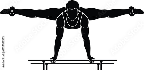 Iron cross silhouette, gymnastics strength icon, parallel bars pose, black illustration, bodyweight control gesture, athletic performance concept, upper body power profile