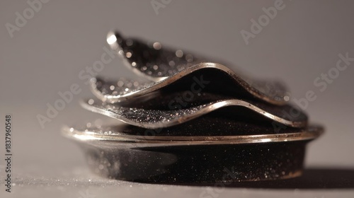Close-up of a small metal object, which appears to be a ring or a pendant. the object is made of metal and has a shiny, metallic finish.