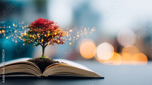 Financial growth tree fantasy bokeh light magic book soil spark creativity concept 2026