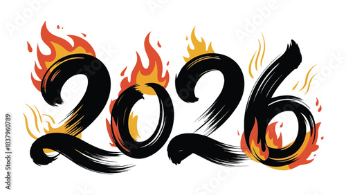 Year 2026 Ablaze: Artistic display of the year 2026 engulfed in fiery flames, capturing a sense of urgency, transformation, or anticipation.