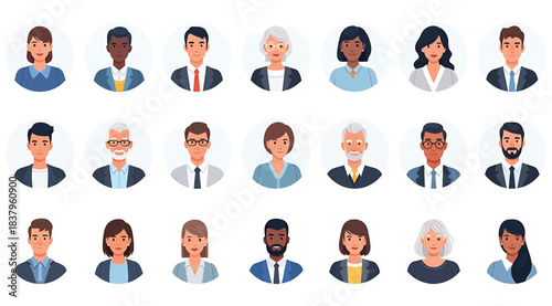 Grid of 20 illustrated professional avatars in business attire, showcasing diverse individuals for use in team profiles, organizational charts, or workplace representation materials