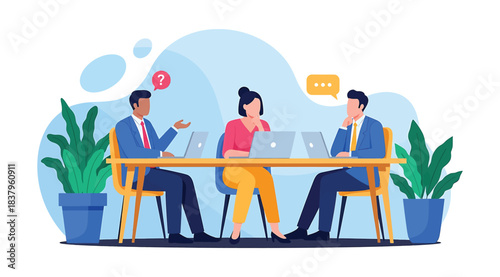 Illustration of three professionals seated at table with laptops, engaged in thoughtful discussion with speech bubbles, symbolizing teamwork, communication, and collaboration in a modern workspace