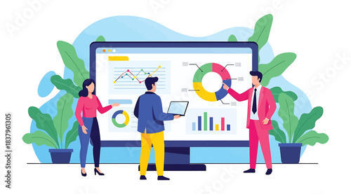 Illustration of three professionals analyzing data on large digital screen with charts and graphs, symbolizing teamwork, business intelligence, and data-driven decision-making in a modern workspace