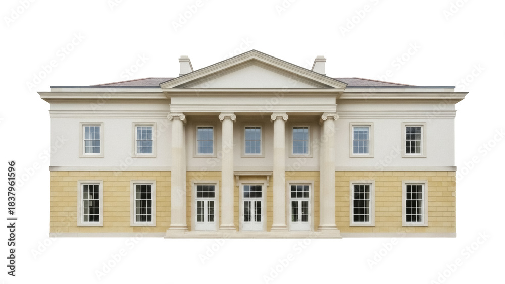Fototapeta premium Isolated building exterior of stately home features columns and symmetric window design